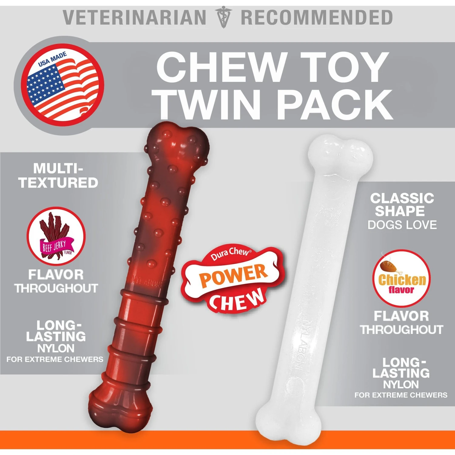 Nylabone Power Chew Durable Dog Chew Toys Twin Pack Beef Jerky & Chicken 2 Nylabone Power Chew Durable Dog Chew Toys Twin Pack Beef Jerky & Chicken - Image 2