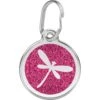 Red Dingo Glitter Dragonfly Stainless Steel Personalized Dog & Cat ID Tag, Pink