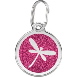 Red Dingo Glitter Dragonfly Stainless Steel Personalized Dog & Cat ID Tag, Pink
