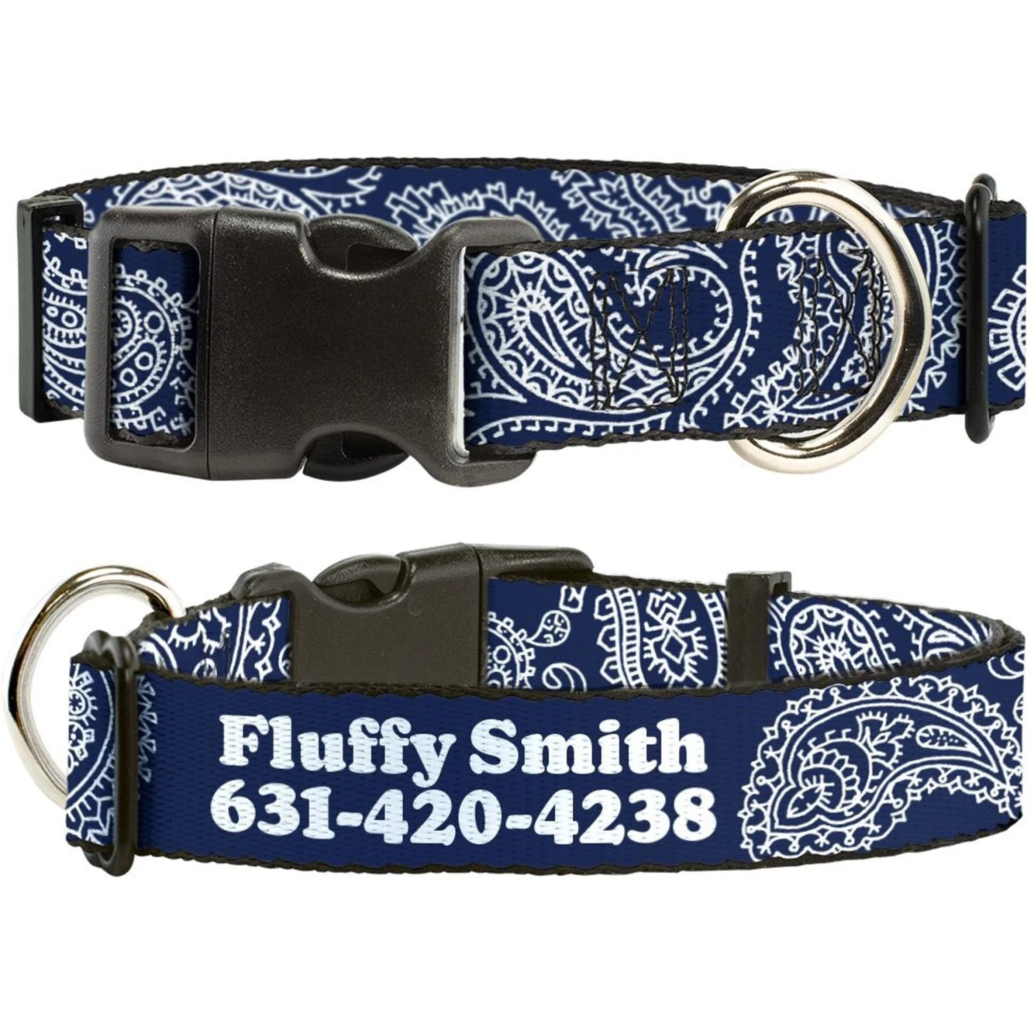 Buckle-Down Polyester Personalized Dog Collar, Paisley Blue & White 1 Buckle-Down Polyester Personalized Dog Collar, Paisley Blue & White
