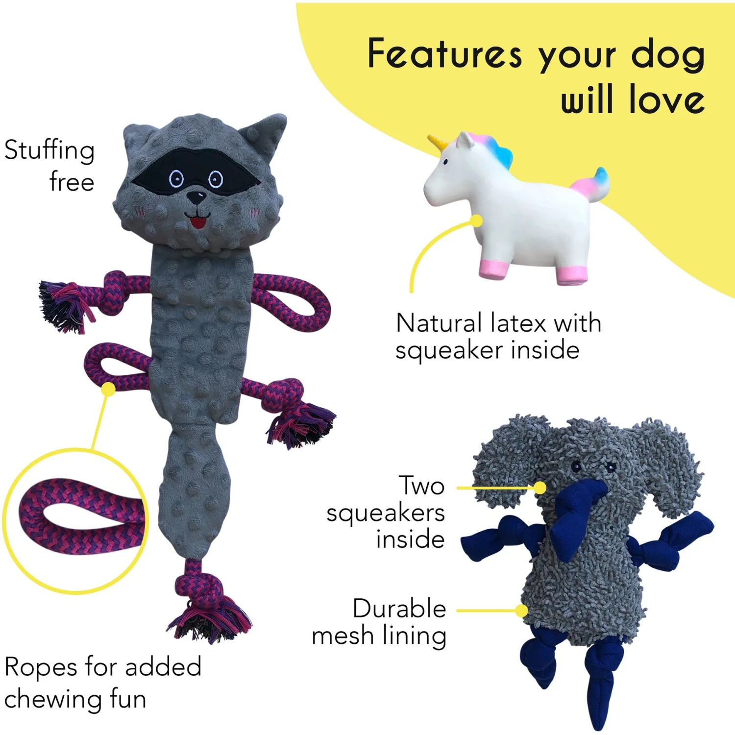Rocket & Rex Oh My! Unicorn Stuffing-Free Squeaky Plush Dog Chew Toy Set, 3 Count 2 Rocket & Rex Oh My! Unicorn Stuffing-Free Squeaky Plush Dog Chew Toy Set, 3 Count - Image 2