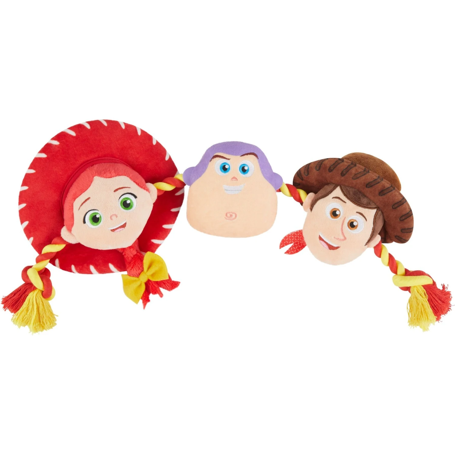 Pixar Toy Story's Woody, Jessie, & Buzz Lightyear Plush With Rope Squeaky Dog Toy 1 Pixar Toy Story's Woody, Jessie, & Buzz Lightyear Plush With Rope Squeaky Dog Toy