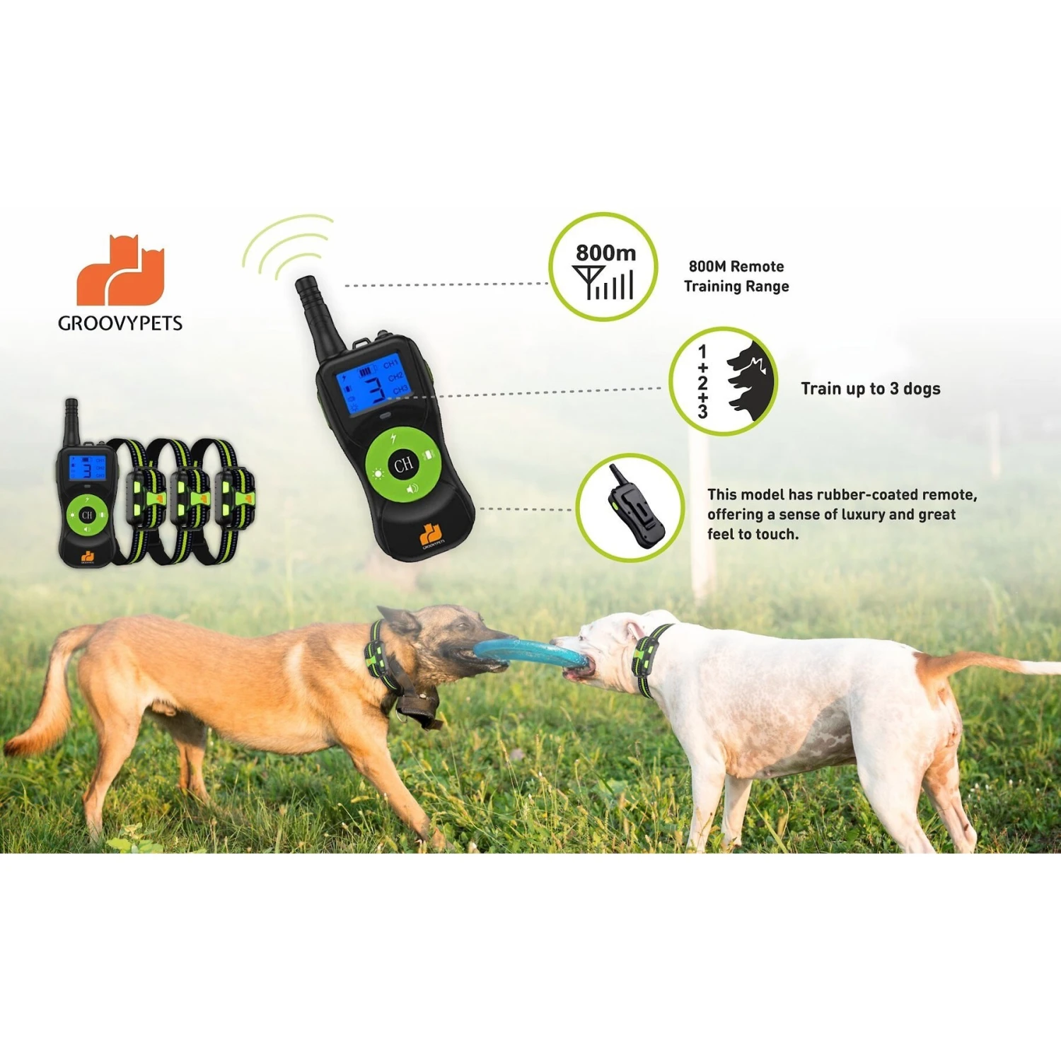GroovyPets Three-Dog Kit 800 Yard Waterproof Long-Life Rechargable Remote Dog Training Shock Collar System 4 GroovyPets Three-Dog Kit 800 Yard Waterproof Long-Life Rechargable Remote Dog Training Shock Collar System - Image 4