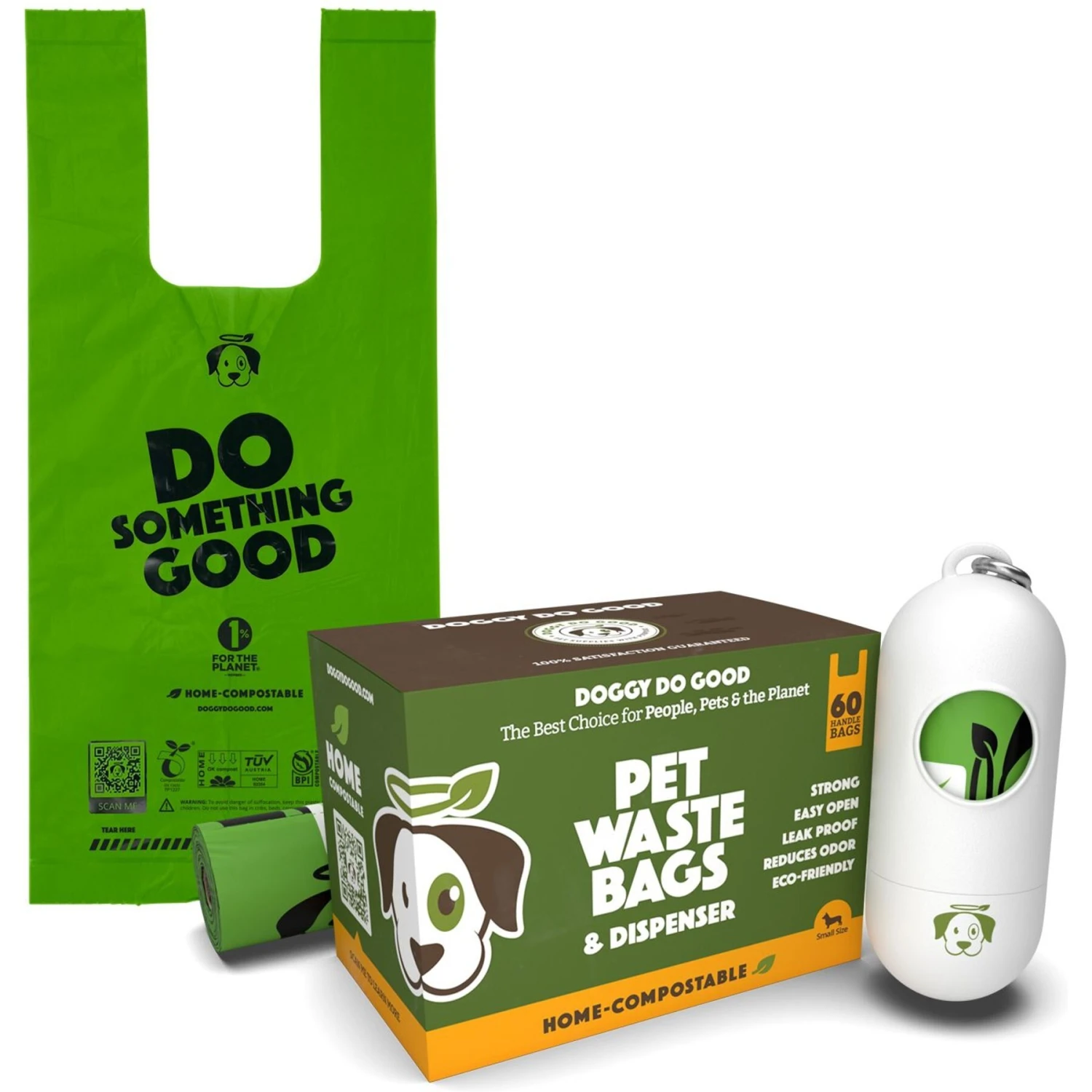 Doggy Do Good Certified Home Compostable Premium Dog & Cat Waste Bags, Small Handle Bags - On Rolls + Dispenser, 60 Count 1 Doggy Do Good Certified Home Compostable Premium Dog & Cat Waste Bags, Small Handle Bags - On Rolls + Dispenser, 60 Count