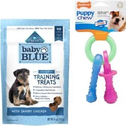 Blue Buffalo Baby Blue Natural Savory Chicken Puppy Treats, 4-oz Bag & Nylabone Puppy Pacifier Teething Toy Chew Teething Pacifier Bacon