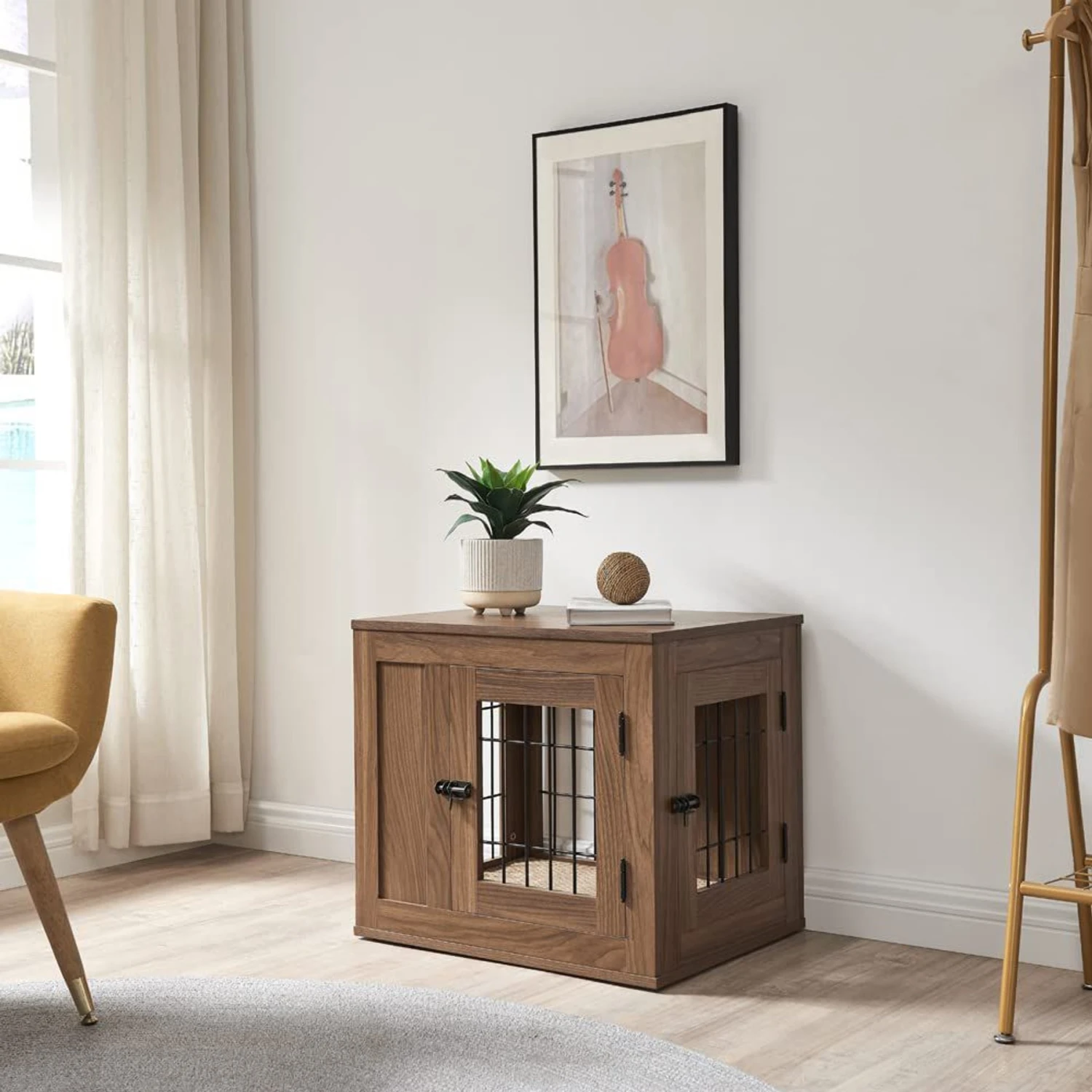 Unipaws Wooden Wire Double Door Furniture End Table Dog Crate,Walnut, Small 1 Unipaws Wooden Wire Double Door Furniture End Table Dog Crate,Walnut, Small