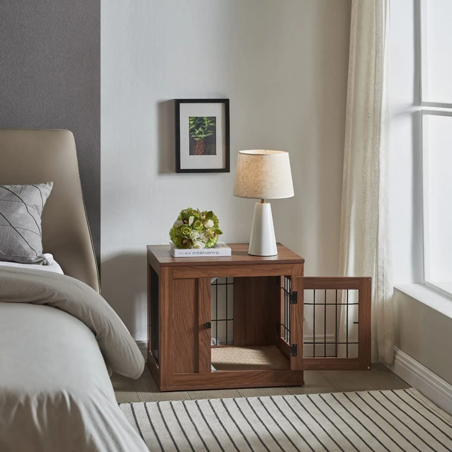 Unipaws Wooden Wire Double Door Furniture End Table Dog Crate,Walnut, Small 2 Unipaws Wooden Wire Double Door Furniture End Table Dog Crate,Walnut, Small - Image 2