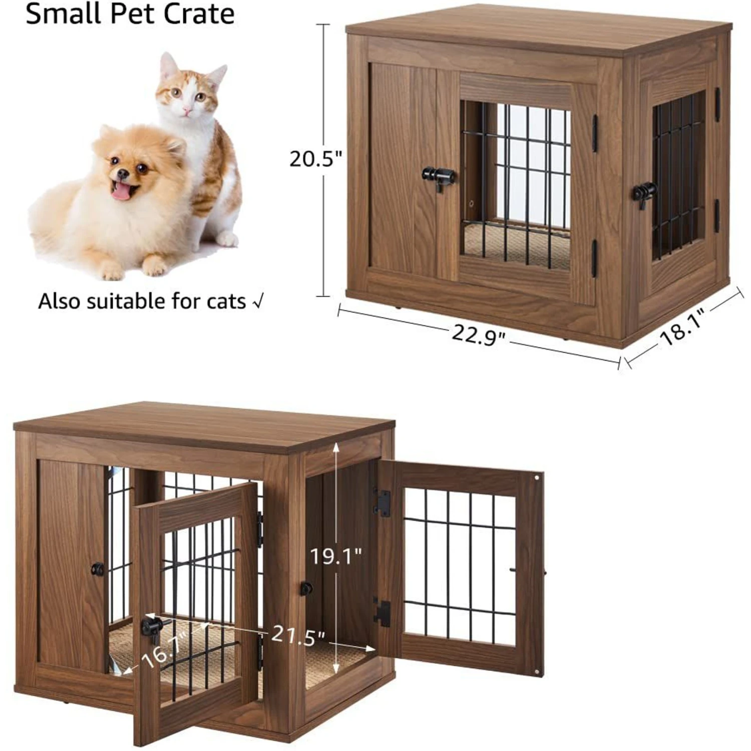 Unipaws Wooden Wire Double Door Furniture End Table Dog Crate,Walnut, Small 6 Unipaws Wooden Wire Double Door Furniture End Table Dog Crate,Walnut, Small - Image 6