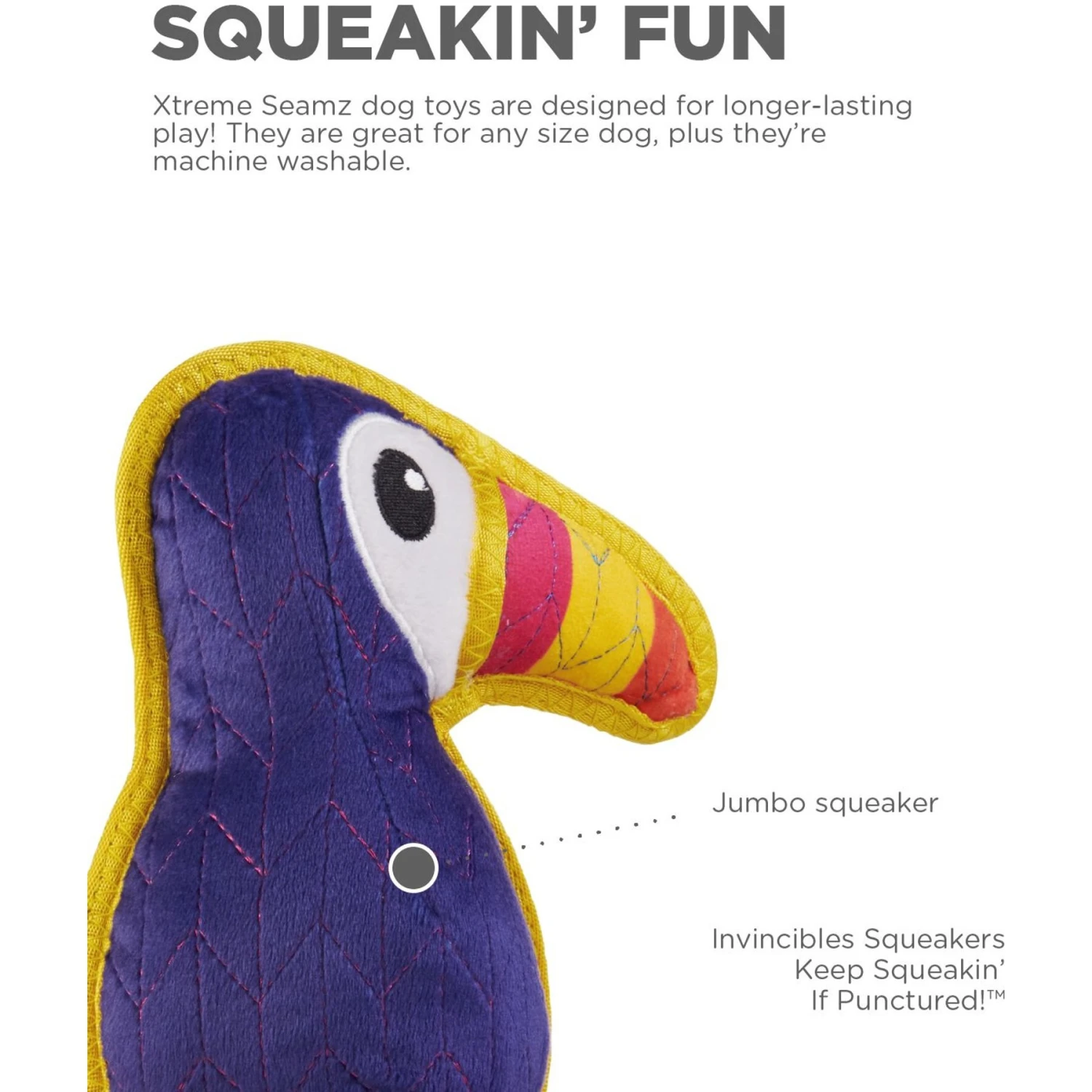 Outward Hound Xtreme Seamz Toucan Squeaky Durable Dog Toy, Purple, Medium 2 Outward Hound Xtreme Seamz Toucan Squeaky Durable Dog Toy, Purple, Medium - Image 2