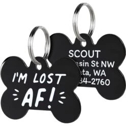 GoTags I'm Lost AF! Personalized Dog ID Tag, Black Steel, Bone, Regular