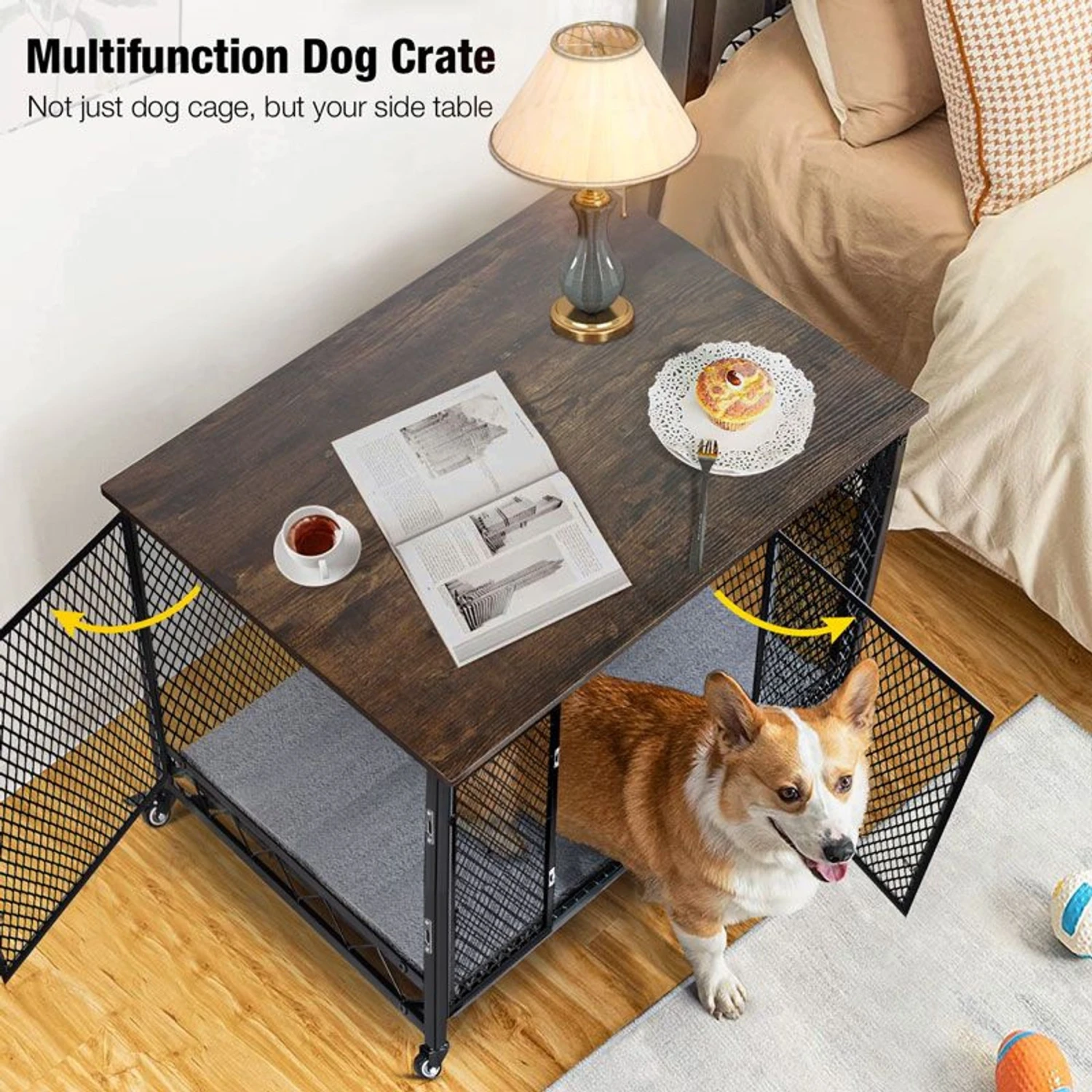 Aivituvin Side End Table Furniture Style Dog Crate With Tray, Cushion & Casters 2 Aivituvin Side End Table Furniture Style Dog Crate With Tray, Cushion & Casters - Image 2