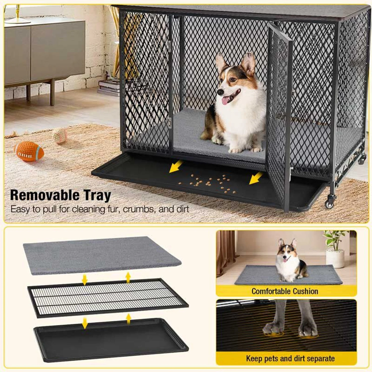 Aivituvin Side End Table Furniture Style Dog Crate With Tray, Cushion & Casters 4 Aivituvin Side End Table Furniture Style Dog Crate With Tray, Cushion & Casters - Image 4