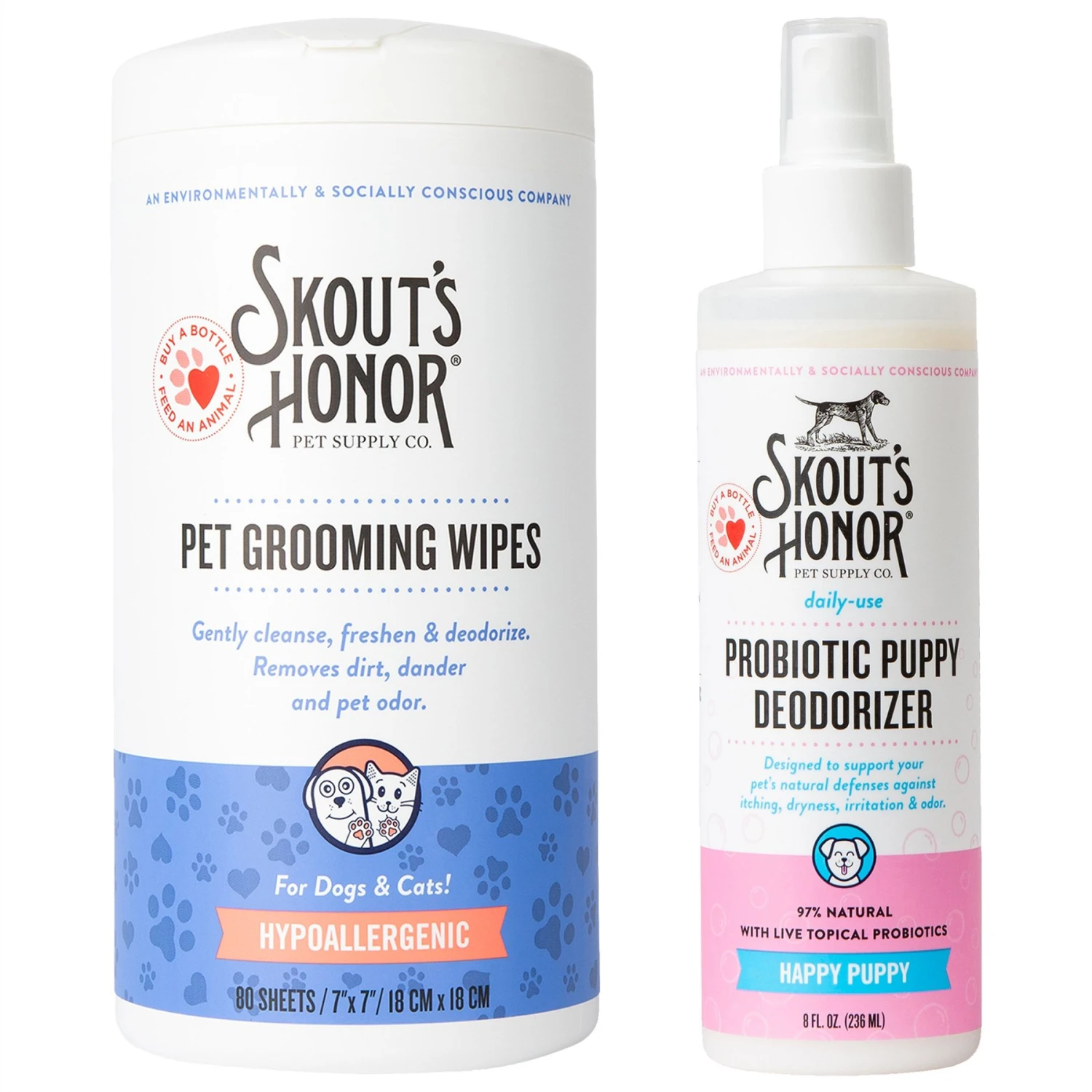 Skout's Honor Happy Puppy Probiotic Daily Use Cat & Dog Deodorizing Spray, 8-oz Bottle & Skout's Honor Dog, Cat & Small Pet Grooming Wipes, 80 Count 1 Skout's Honor Happy Puppy Probiotic Daily Use Cat & Dog Deodorizing Spray, 8-oz Bottle & Skout's Honor Dog, Cat & Small Pet Grooming Wipes, 80 Count
