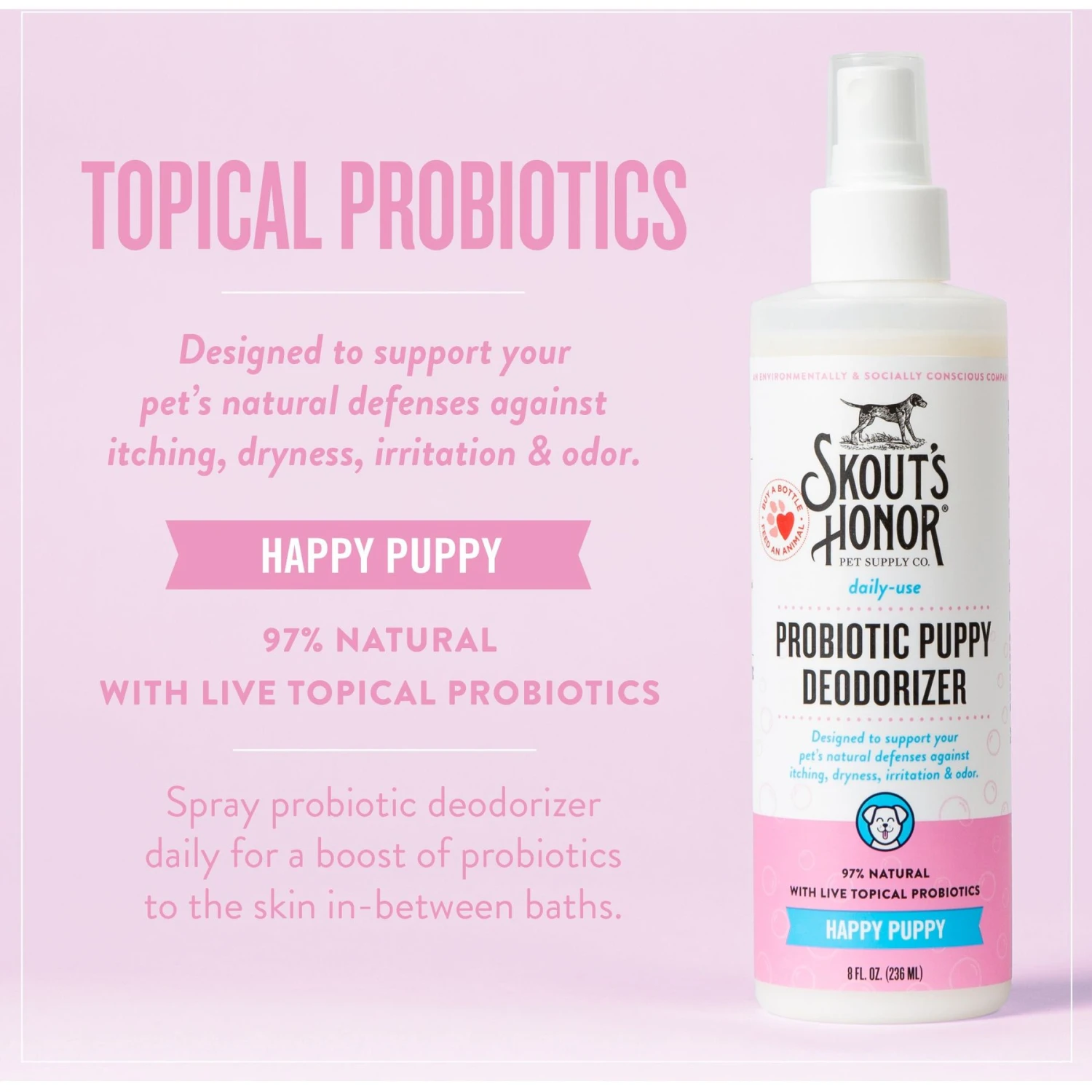 Skout's Honor Happy Puppy Probiotic Daily Use Cat & Dog Deodorizing Spray, 8-oz Bottle & Skout's Honor Dog, Cat & Small Pet Grooming Wipes, 80 Count 4 Skout's Honor Happy Puppy Probiotic Daily Use Cat & Dog Deodorizing Spray, 8-oz Bottle & Skout's Honor Dog, Cat & Small Pet Grooming Wipes, 80 Count - Image 4