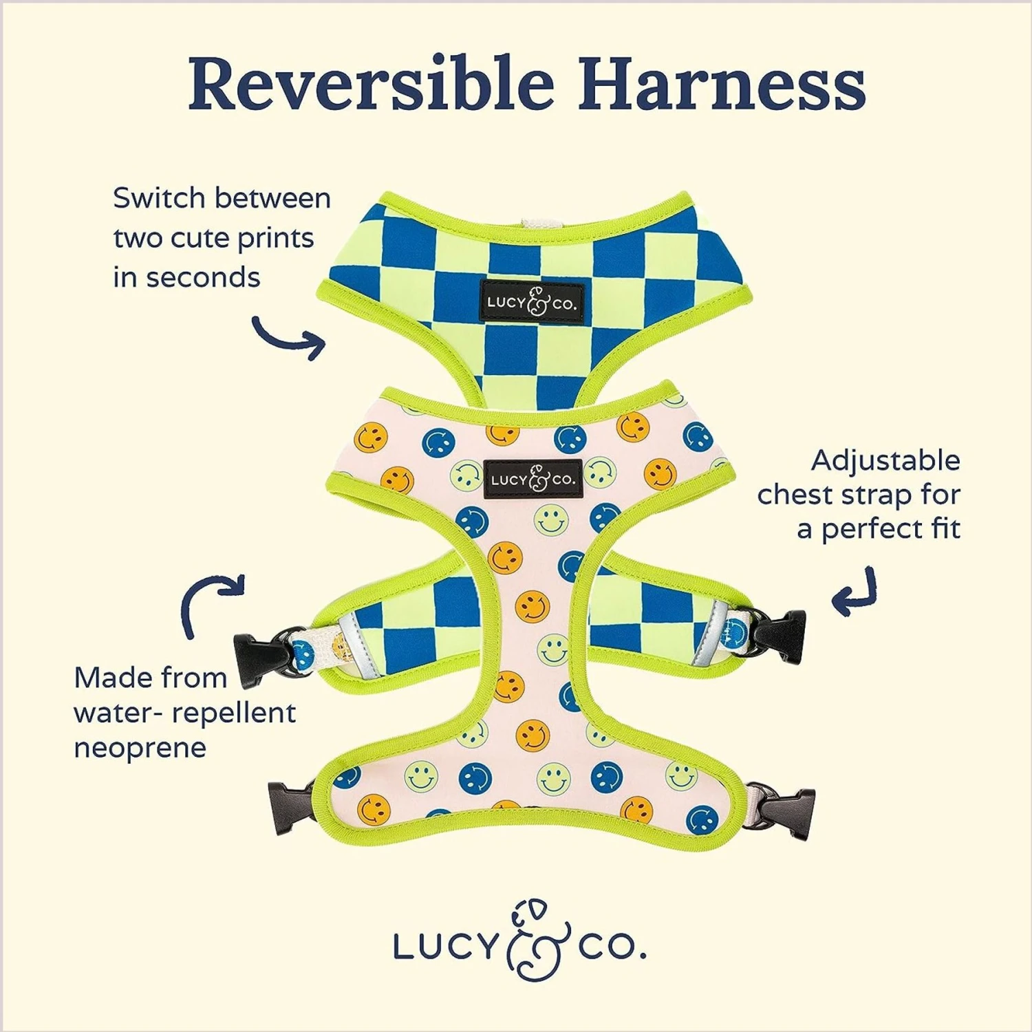 Lucy & Co. The Have A Nice Day Reversible Dog Harness, Blue 2 Lucy & Co. The Have A Nice Day Reversible Dog Harness, Blue - Image 2