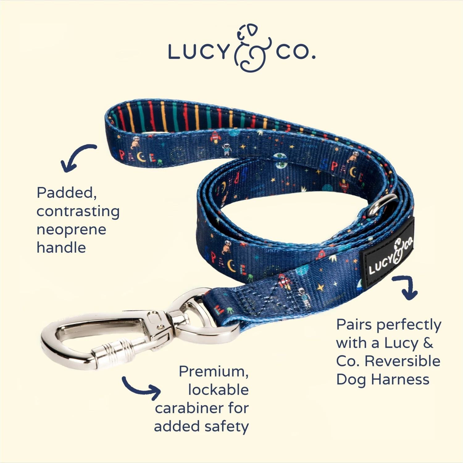 Lucy & Co. The Space Doodle Polyester Padded Handle Dog Leash, Navy, Large: 5-ft Long, 1-in Wide 2 Lucy & Co. The Space Doodle Polyester Padded Handle Dog Leash, Navy, Large: 5-ft Long, 1-in Wide - Image 2