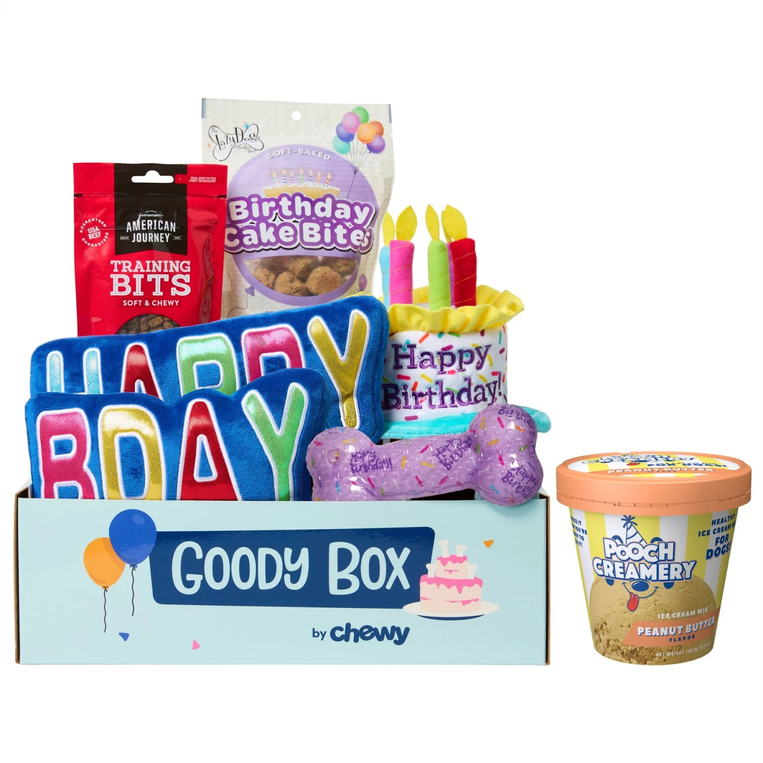 Goody Box Birthday Dog Toys & Treats & Pooch Creamery Peanut Butter Flavor Ice Cream Mix Dog Treat, 5.25-oz Cup 1 Goody Box Birthday Dog Toys & Treats & Pooch Creamery Peanut Butter Flavor Ice Cream Mix Dog Treat, 5.25-oz Cup
