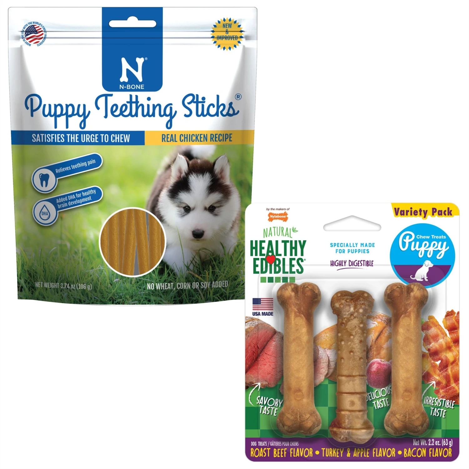 N-Bone Puppy Teething Sticks Chicken Flavor Dog Treats & Nylabone Healthy Edibles Bacon, Roast Beef, & Turkey Puppy Starter Kit Dog Treats 1 N-Bone Puppy Teething Sticks Chicken Flavor Dog Treats & Nylabone Healthy Edibles Bacon, Roast Beef, & Turkey Puppy Starter Kit Dog Treats