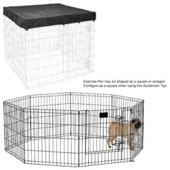 MidWest Wire Dog Exercise Pen With Step-Thru Door, Black E-Coat & MidWest Exercise Pen Top Fabric Mesh Sunscreen Accessory, Square Configuration, Black
