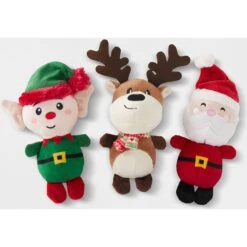 Frisco Holiday Santa's Helpers Plush Squeaky Dog Toy, 3 Count & Frisco Holiday Ho Ho Ho Fetch Squeaky Tennis Ball Dog Toy